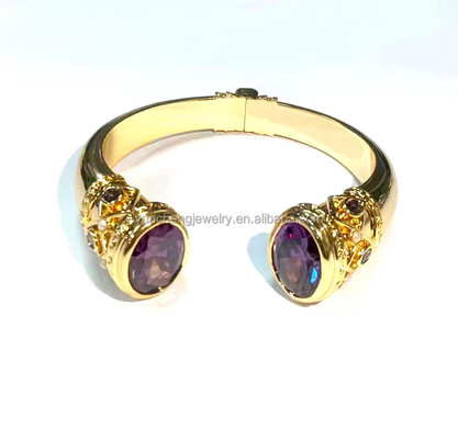 Plating Kuningan Bangle Gelang Cuff Perhiasan Garnet Batu Perhiasan Perak Glitter CZ