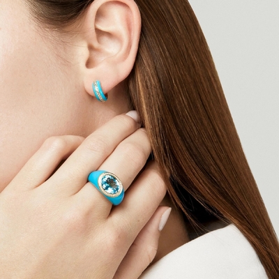 Micro Insert 18K Gold Plated Blue Topaz Enamel Fashion Perhiasan Wanita Kuningan