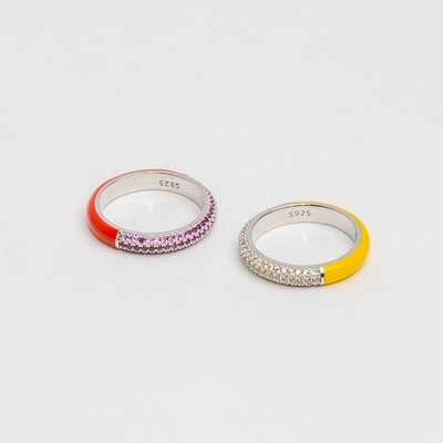 Elegant 925 Sterling Perak 18k Yellow Gold Setengah Zircon Setengah Enamel Ring