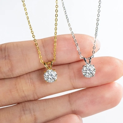 925 Sterling Silver Pendant untuk Gadis 18K Yellow Gold Round Cut Solitaire Batu Hadiah