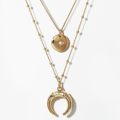 Emas berkilauan berlapis kalung set 45CM Zirconia Coin Horn Pendant Kalung