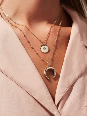 Emas berkilauan berlapis kalung set 45CM Zirconia Coin Horn Pendant Kalung
