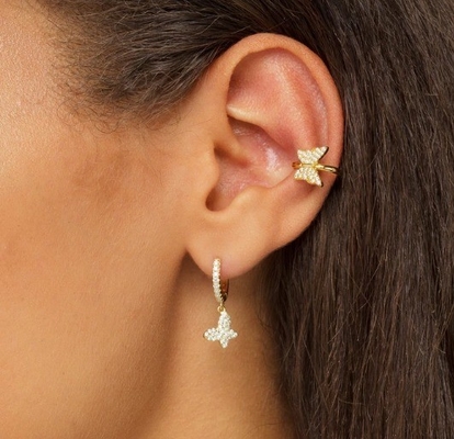 18K Plating Earring Butterfly Cuff dengan Micron Pave Putih CZ Trendy Perhiasan Wanita