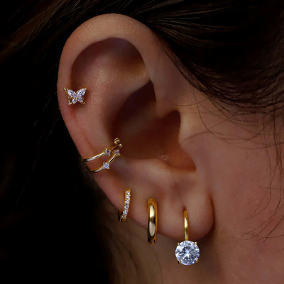 925 Sterling Perak Datang 18K Plating Emas Solitaire Putih Kubik Zircon Huggies Earrings