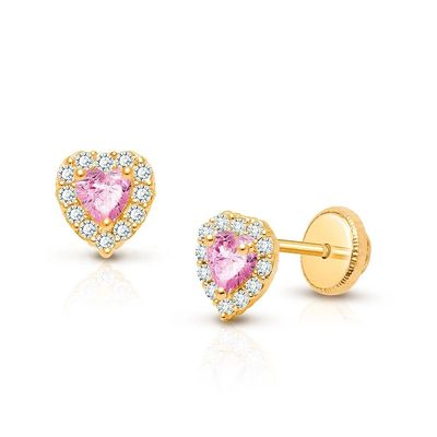 925 Sterling Silver Heart Shaped Pink & White CZ Stud Earrings dengan Pave Setting untuk Perhiasan Anak-anak