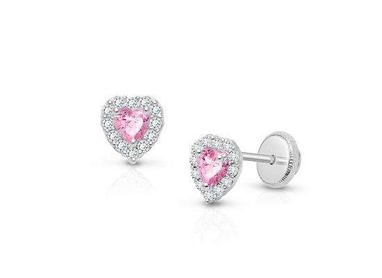 925 Sterling Silver Heart Shaped Pink & White CZ Stud Earrings dengan Pave Setting untuk Perhiasan Anak-anak