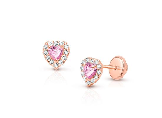 925 Sterling Silver Heart Shaped Pink & White CZ Stud Earrings dengan Pave Setting untuk Perhiasan Anak-anak
