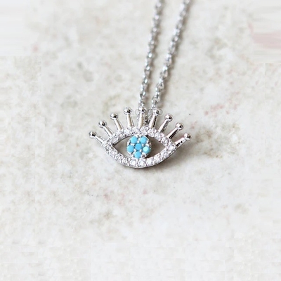 925 Sterling Silver Micro Pave Clear CZ dan Turquoise Evils Mata Pendant Kalung Kalung