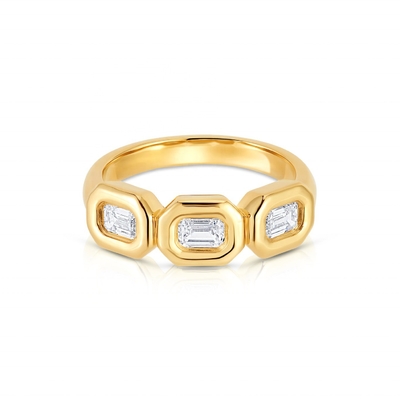 Cincin Triple Emerald Perak buatan tangan dengan Batu Zircon AAA dan Pengaturan Bezel Emas 14K