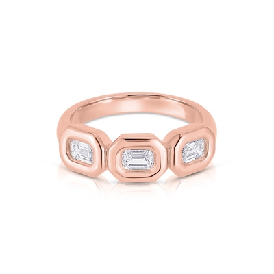 Cincin Triple Emerald Perak buatan tangan dengan Batu Zircon AAA dan Pengaturan Bezel Emas 14K