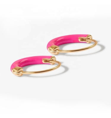 925 Sterling EARINGS 18MM Dia Hoops dengan Hot Pink enamel dan 18K Gold Plating