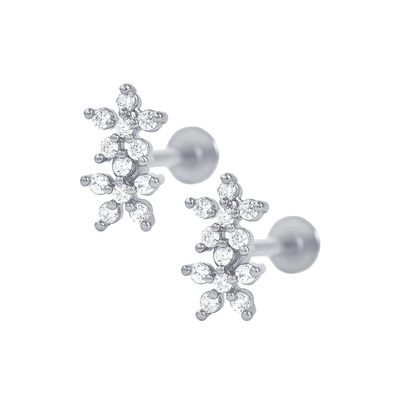 Gaya Klasik Bunga Ganda Ball Back Flat Back 925 Sterling Earrings Perak untuk Gadis