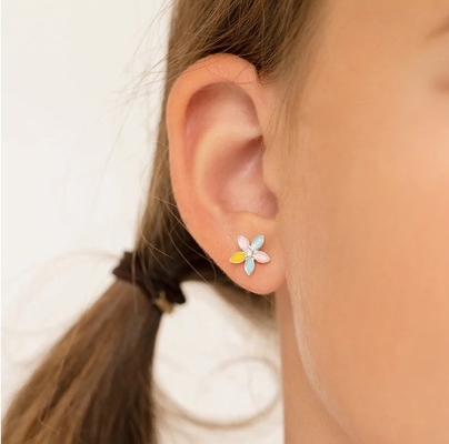 Kuning Enamel Multi Color Bunga Stud Earrings 925 Sterling Perak Bunga Studs