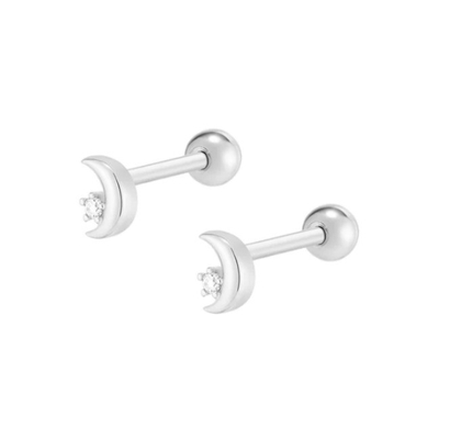 925 Sterling Silver Tiny CZ Moon Piercing Stud Earring dengan Ball Screw Back Closure