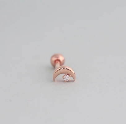 925 Sterling Silver Tiny CZ Moon Piercing Stud Earring dengan Ball Screw Back Closure