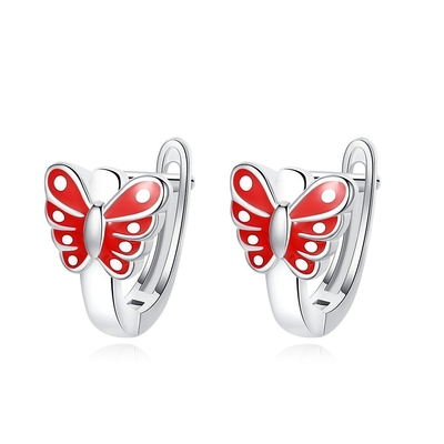 Kupu-kupu Enamel Merah Anak-anak Sterling Perak Hoop Earrings Putih Emas Lapisan