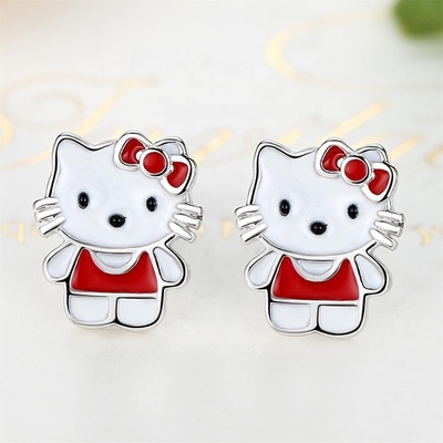 Kitty Childrens Earrings Perak Stud Merah Putih Hitam Perhiasan Enamel Di Perak 925
