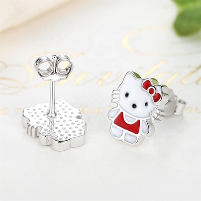 Kitty Childrens Earrings Perak Stud Merah Putih Hitam Perhiasan Enamel Di Perak 925