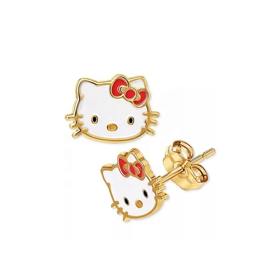 18K emas dilapisi Hello Kitty enamel Stud anting-anting untuk gadis-gadis di 925 Sterling Perak