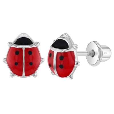 925 Sterling Silver 8mm Pink and Black Enamel Ladybug Stud Earrings for Baby Girls with Screw Back