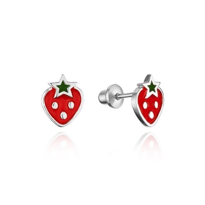 Putih Emas Plated Strawberry Baby Merah dan Hijau Enamel Sekrup Kembali Anak-anak Earring