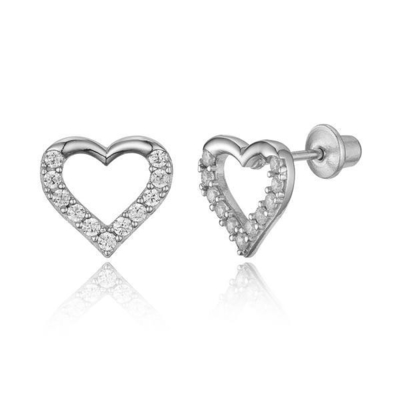 Micro Insert Heart Pink Screw Back Earrings untuk Anak-anak dalam 925 Sterling Silver