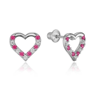 Micro Insert Heart Pink Screw Back Earrings untuk Anak-anak dalam 925 Sterling Silver
