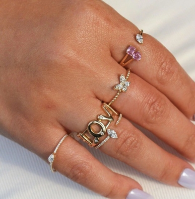 925 Perak Sterling Wanita cincin dengan tangan 18K emas dilapisi bola dan Marquise Kupu-kupu