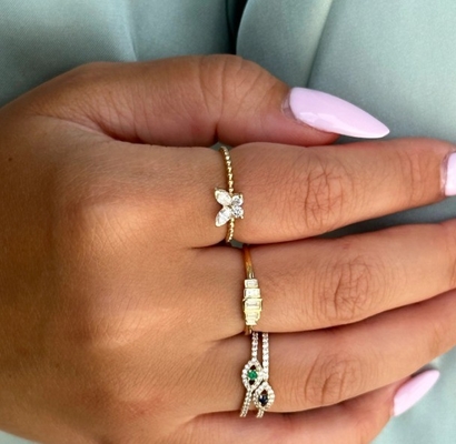 925 Perak Sterling Wanita cincin dengan tangan 18K emas dilapisi bola dan Marquise Kupu-kupu