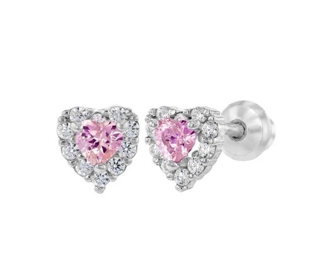 Rose Gold Plated Heart Pink CZ Screw Back Stud Earrings untuk Anak-anak dalam 925 Sterling Silver