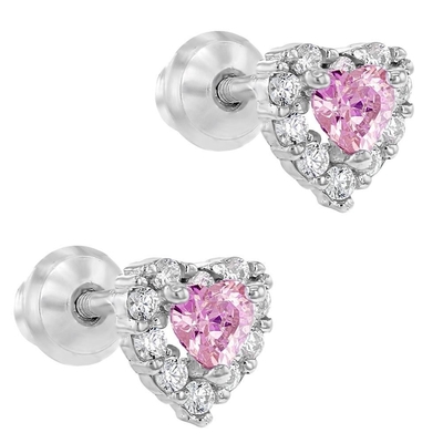 Rose Gold Plated Heart Pink CZ Screw Back Stud Earrings untuk Anak-anak dalam 925 Sterling Silver