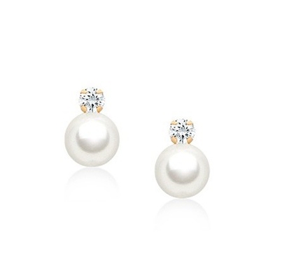 Anak-anak Perhiasan Mutiara Jatuh Earrings dengan Sekrup Kembali dan Putih CZ di 925 Sterling Perak