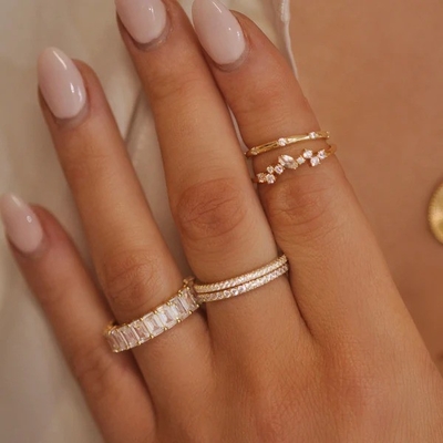 18K Plated Gold Stacking Wedding Eternity Band Ring untuk Wanita 925 Sterling Perak Set
