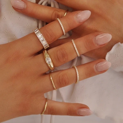 18K Plated Gold Stacking Wedding Eternity Band Ring untuk Wanita 925 Sterling Perak Set