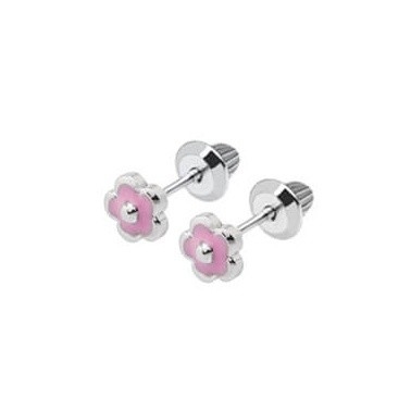 Cantik trendy bunga merah muda enamel sekrup kembali anting-anting 925 Sterling Desain perak