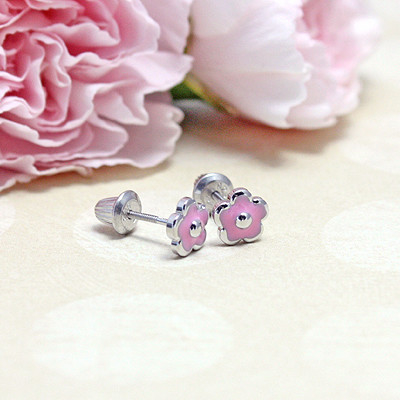 Cantik trendy bunga merah muda enamel sekrup kembali anting-anting 925 Sterling Desain perak