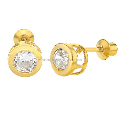 Handmade 4mm Clear CZ Gold Plated Stud Earrings for Baby Children 925 Perhiasan Perak