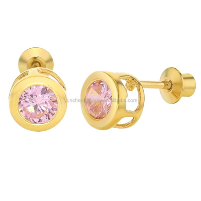 Handmade 4mm Clear CZ Gold Plated Stud Earrings for Baby Children 925 Perhiasan Perak