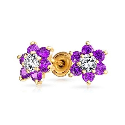 Bunga Amethyst CZ Birthstone Baby Girls 925 Sterling Silver Screw Back Stud Earrings