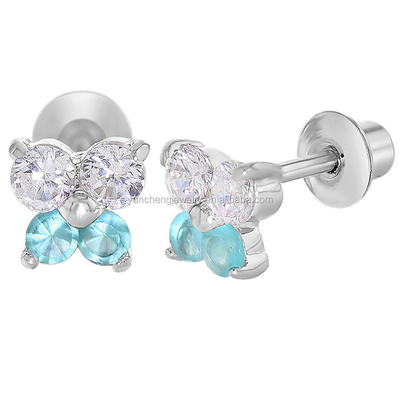Butterfly Blue and Clearly CZ Anak-anak Custom Stud Earrings 925 Sterling Perak