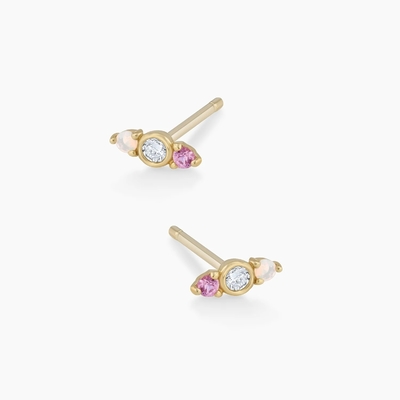 White Opal Dan Pink Sapphire CZ Stud Earrings Tiga Batu Kubik Zirconia Studs
