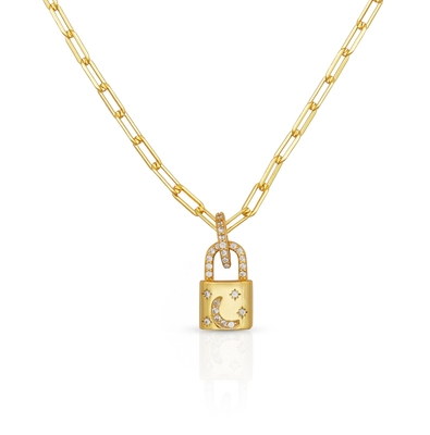 18K Gold Locket Pendant Pave Putih CZ Link Chain Kalung Untuk Perkawinan