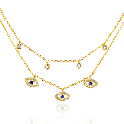 Double Layer Evil Eye Bezel Set Kalung Berlian Wanita Bezel Set Gantung