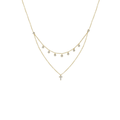 Dua Lapisan Bezel Set Diamond Cross Pendant Rhodium Gold Plated Chain Necklace