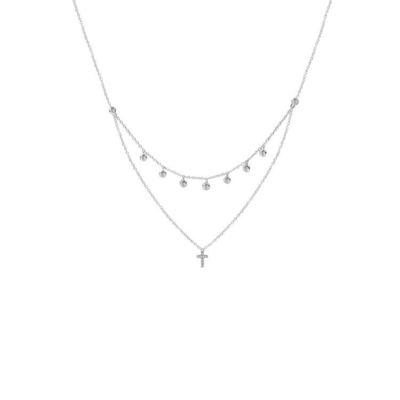 Dua Lapisan Bezel Set Diamond Cross Pendant Rhodium Gold Plated Chain Necklace
