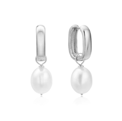 S925 Perak tebal persegi Hoop Air Tawar Mutiara Drop Earrings OEM