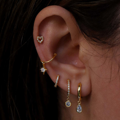 18K Plating Emas S925 Perak Mini Huggies Single Bezel Batu Hoops anting-anting untuk Wanita