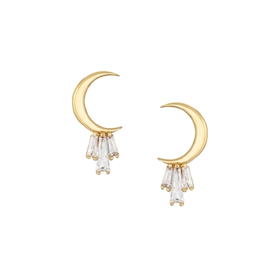 18K Gold Plated 925 Sterling Silver Baguette Moon Stud Earrings untuk Wanita AAA CZ Batu