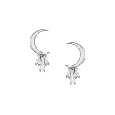 18K Gold Plated 925 Sterling Silver Baguette Moon Stud Earrings untuk Wanita AAA CZ Batu