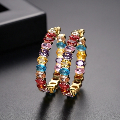 Berwarna-warni Brasil 18K Emas Hoop Earrings Oval Cut Kuningan Earrings Hoops